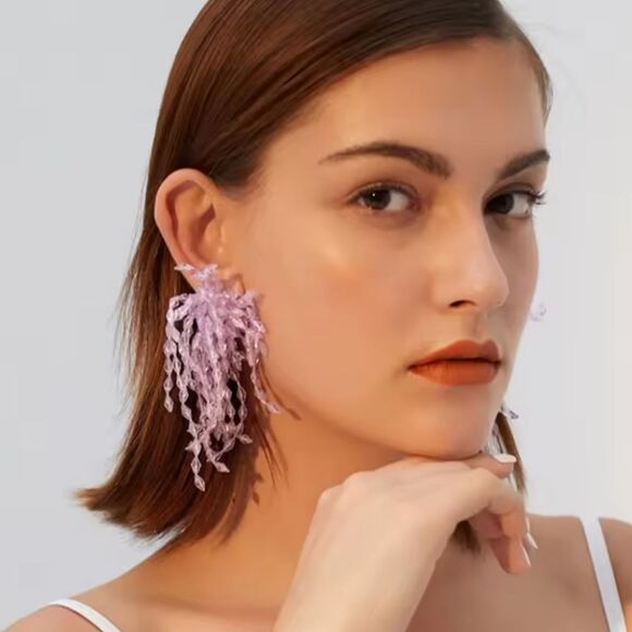 New ANTHRO Lavender beaded Waterfall fringe tassel drop earrings - Picture 3 of 11